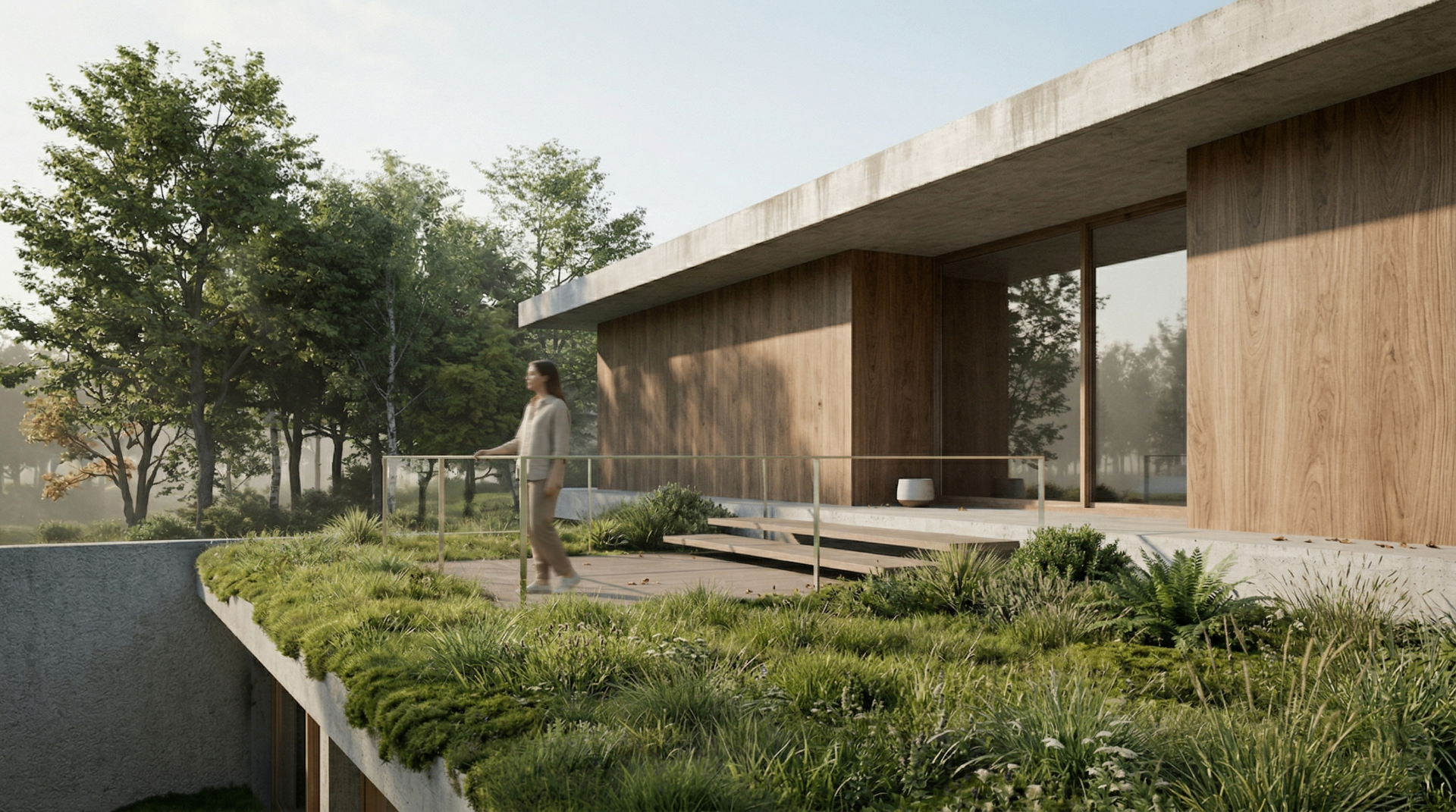 Terrace with green roof and wood facade