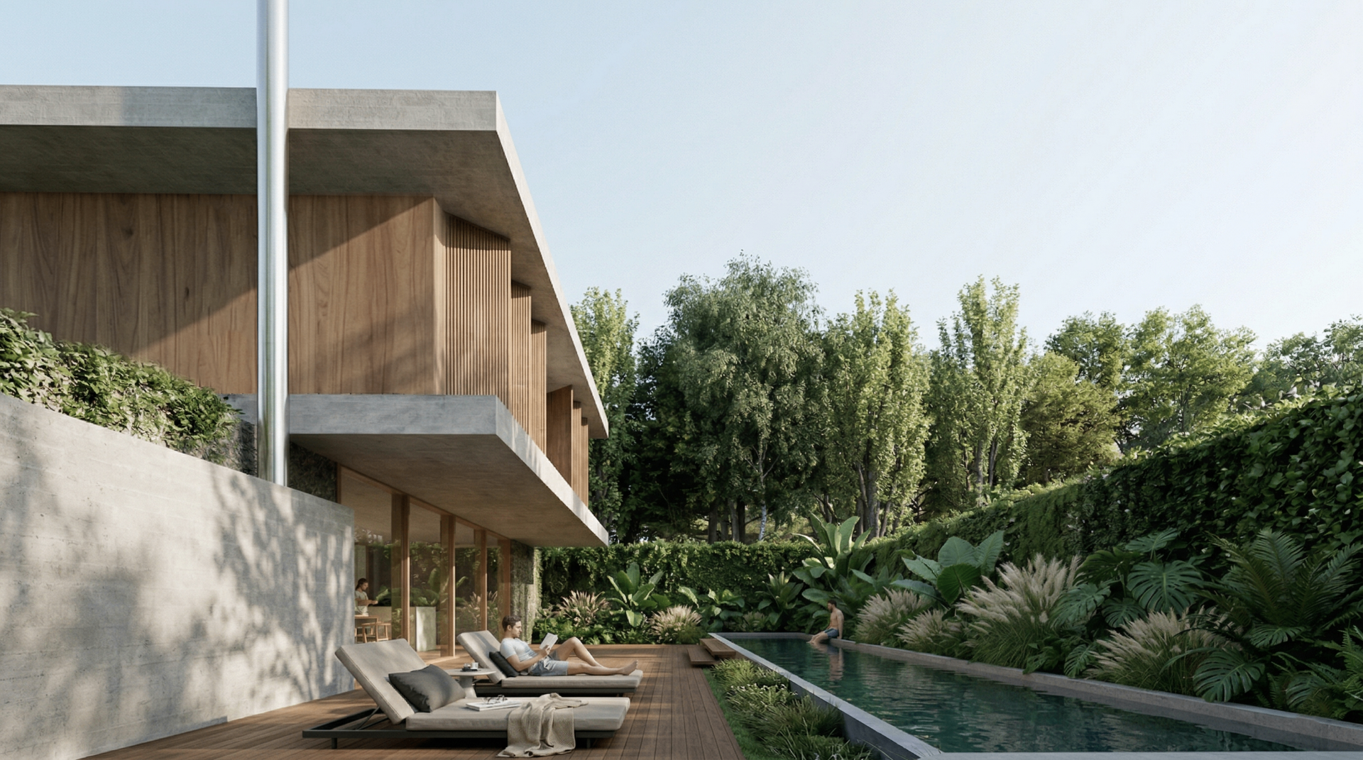 Pool view with sun loungers and garden